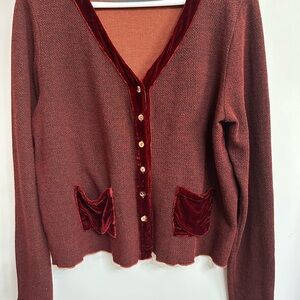 cut loose Burgundy Cardigan with Velvet Trim